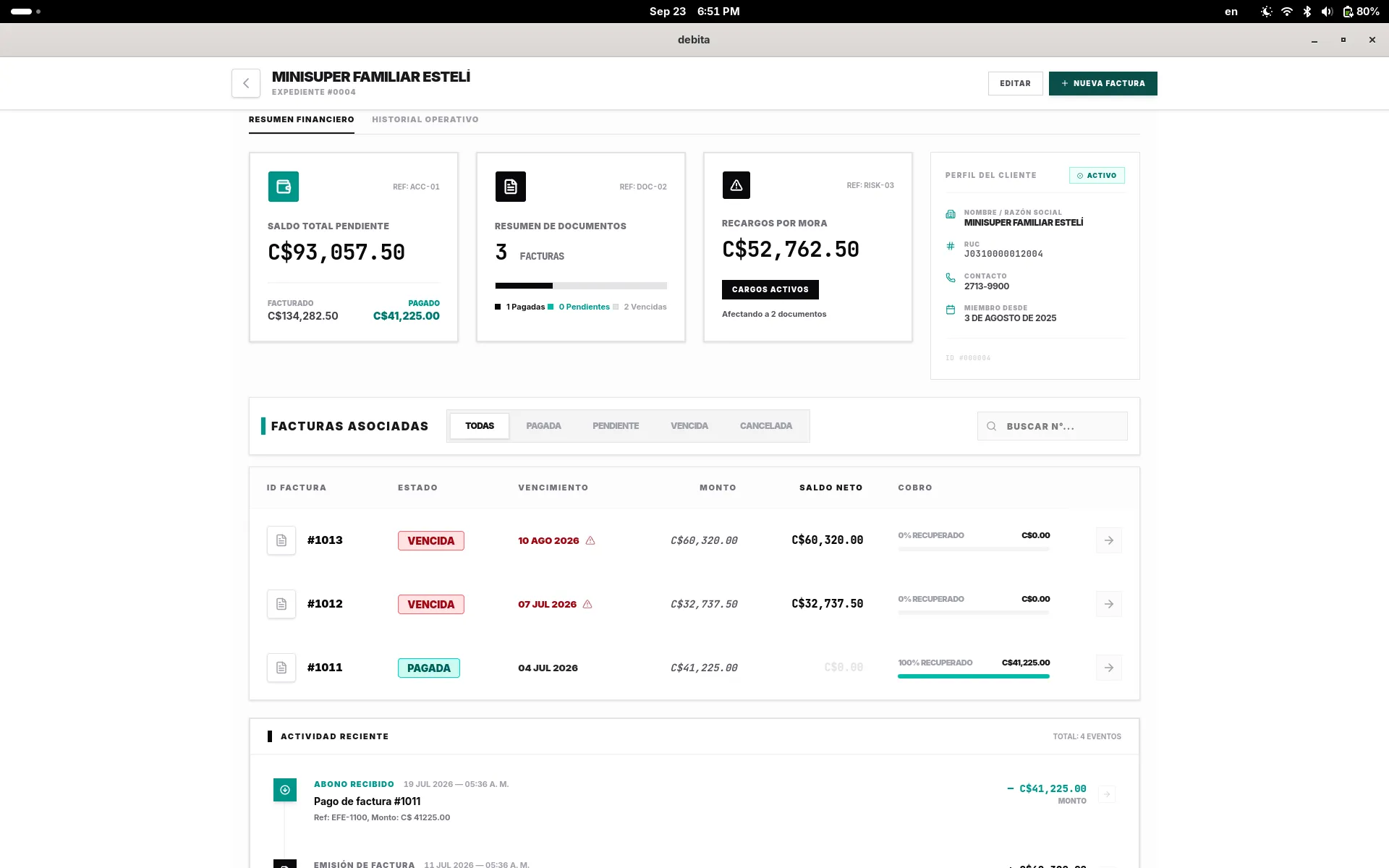 Perfil financiero de un cliente con saldo pendiente, recargos y facturas