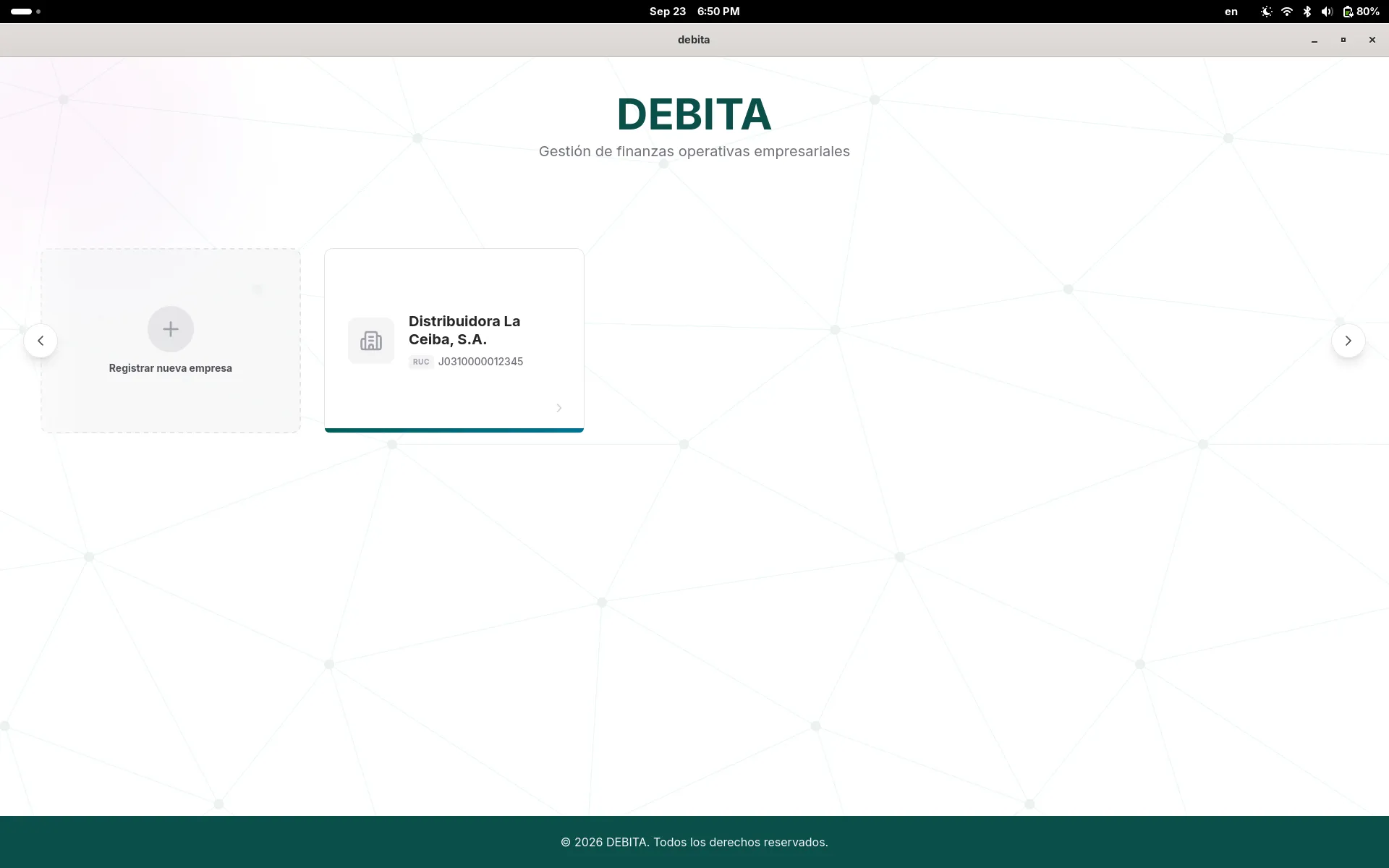 Pantalla de selección de empresa en Debita